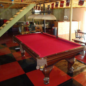 Red and black checked basement floor.